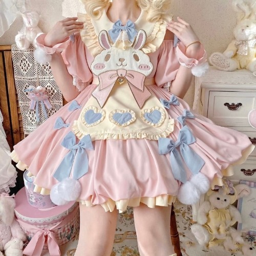 Easter Bunny Lolita Dress in Pastel Shades - Pink / L