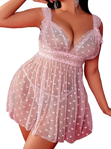 SOLY HUX Women's Plus Size Lingerie Mesh Sheer Heart Print Babydoll Sleepwear Chemise with Thong - 3X-Large - Pink Heart