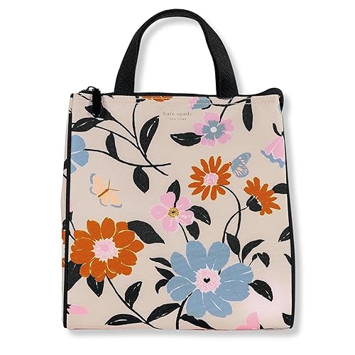 Kate Spade New York Portable Soft Cooler Lunch Bag with Silver Insulated Interior Lining and Storage Pocket, Floral Garden - Floral Garden