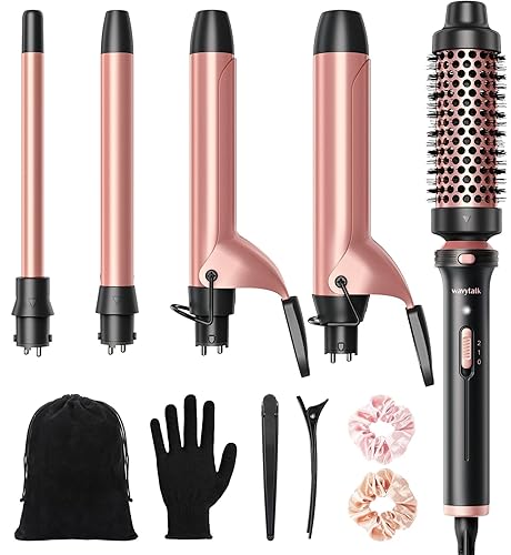Wavytalk 5 in 1 Curling Iron,Curling Iron Set with Heated Round Brush and 4 Interchangeable Ceramic Curling Wand(0.5”-1.25"), Instant Heat Up,Dual Voltage Hair Curler - Curling Iron（0.5“-1.25”） - Rose Gold