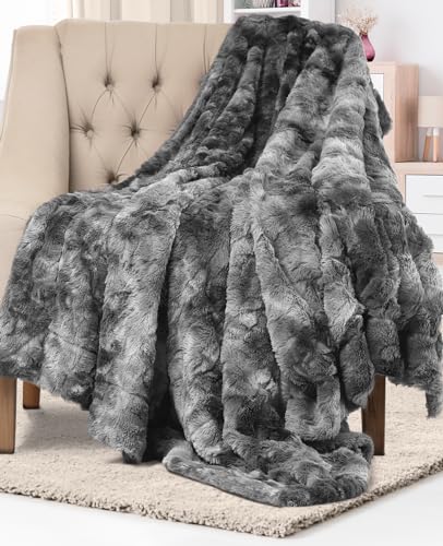 Everlasting Comfort Faux Fur Throw Blanket - Soft, Fluffy, Fuzzy, Plush, Thick, Minky Throws - Gray - Standard Throw (50"x65")