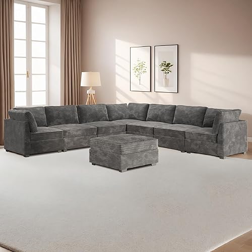 Modular Sectional Sofa Couch - 130x130 Oversized L Shaped Cloud Couch for Living Room,Deep Seat Upholstered Convertible Sleeper Sofa Couches with Chaise Ottoman,Plush Corduroy,Grey - 8 Seats(4*A+3*B+C) - Grey