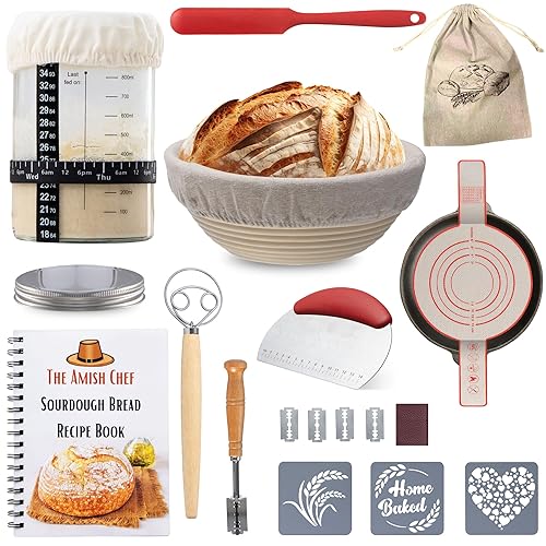 Complete Sourdough Bread Starter Kit, Glass Sourdough Starter Jar Kit & Tons of Sourdough Baking Supplies - Sourdough Starter Kit Includes Sourdough Jar, Banneton Bread Proofing Basket & More - Basket and Jar