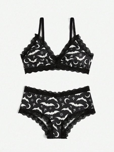 Throne Reuterial Romwe Goth Contrast Lace Bat Print Lingerie Set