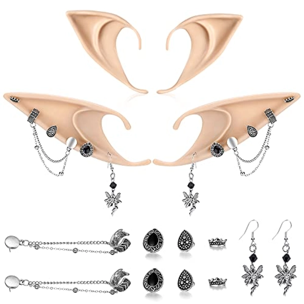 FRESHME Elf Cosplay Ears with Fairy Earrings Set - Soft-Pointed Elf Ears and Silver Dangle Angel Earrings Vintage Ear Cuffs for Women Girls Anime Party Halloween Renaissance Costume Accessories