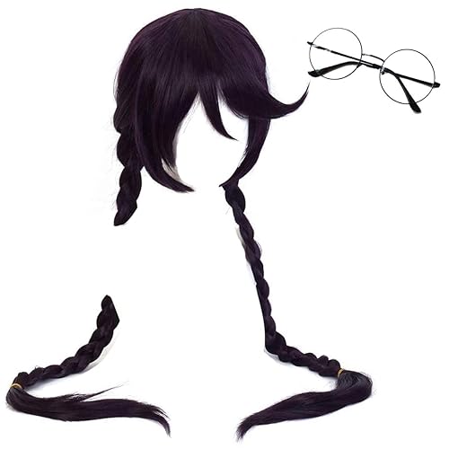 GZIRUE Dark Purple Long Braided Hair for Toko Fukawa Wig Cosplay Women Lady Party Halloween Daily Anime Cosplay Costume with Glasses Wig Cap
