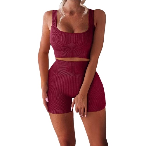 NUOBUGYB Femmes Sexy Workout Outfit 2 Piece Set Seamless Athletic Gym Leggings de Yoga Taille Haute, Ensemble de Soutien-Gorge et Shorts de Sport sans Manches, été Casual Running M Wine