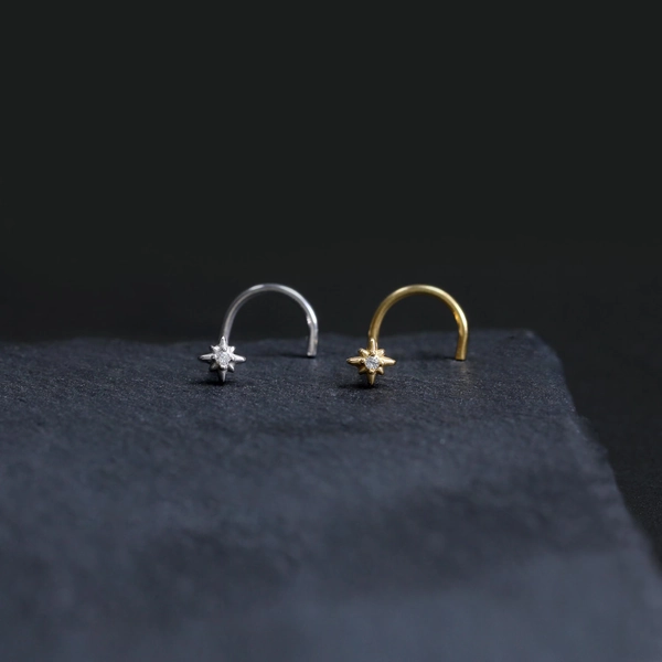 14K Gold Plated Star Celestial S-shaped Cubic Zirconia Nose Stud, 925 Sterling Silver Diamond Nose Piercing, Silver Dainty Diamond Nose Stud