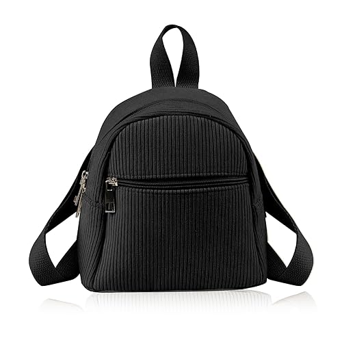 Energather Cute Mini Backpacks, Corduroy Tiny Backpack Small Backpack for Women and Girls, Portable Ladies Backpack (black) - Black