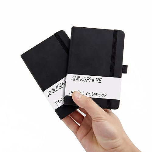 Animusphere 2Pack Pocket Notebook Small Notebook Journal Notebook 4 inches x 5.7 inches 200 Pages Leather Cover With Pen Holder Page Marker Ribbons(Black) - Black