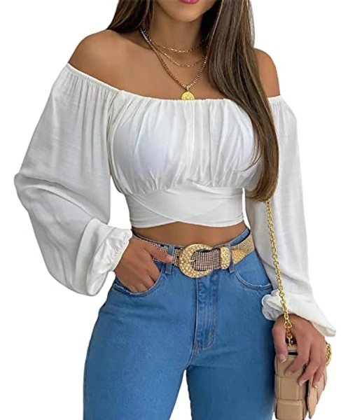 MIRACMODA Woman Off Shoulder Ruched Tie Back Crop Top Summer Lantern Sleeve Boho Slim Fit Blouse - White - Large