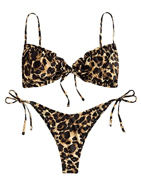 OYOANGLE Women's 2 Piece Bikini Sets Leopard Print Spaghetti Strap Tie Side Bathing Suit Swimsuit Swimwear - Large - Multicolor