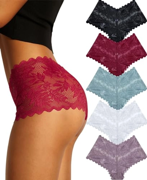 FINETOO Sexy Underwear for Women V-Waist Shorts Women' s Underwear Lightweight Soft Lace High Waist Panties 5 Pack - X-Large - A 5 Pack