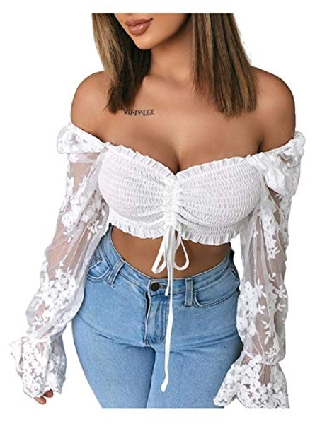 L'VOW Women's Lace Puff Long Sleeve Tube Top Off Shoulder Crop Top Sexy Pleated Chiffon Smocked Mesh Blouse - White - Large