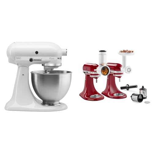 KitchenAid Classic Series 4.5 Quart Tilt-Head Stand Mixer K45SS, White & ® Food Grinder + Fresh Prep Slicer/Shredder Attachment Bundle, White - White - Mixer + Attachment Bundle