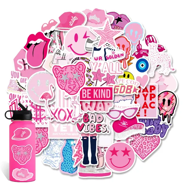 52PCS Preppy Vinyl Sticker Party Supplies Vinyl Waterproof Sticker Aesthetic Stickers Decor Pink Party Mobile Phone Stickers for Laptop Water Bottle - 