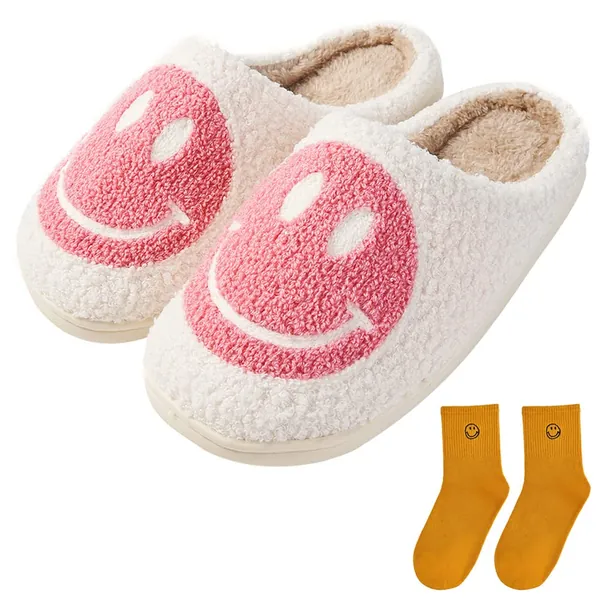 Women's Men's Retro Face Slippers Comfy Warm Plush Slip-On House Slipper for Winter Indoor Soft Cushion Non-slip Fluffy Slides Slippers - Pink 7-8 Women/5.5-6.5 Men
