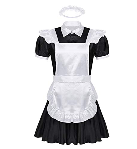 Yartina Men's Silky Satin French Maid Dress Sissy Crossdressing Lingerie Nightwear Pajamas - Black - XX-Large