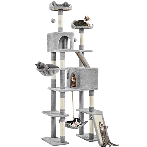 Yaheetech 82.5in Large Cat Tree, Multi Level Cat Tower w/ 2 Cozy Condos, 2 Cat-Ear Perches, Scratching Posts, Hammock, Basket, Cat Furniture for Indoor Cats, Kittens, Light Gray - Light Gray