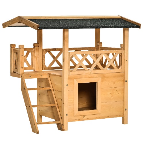 PawHut Wooden Cat House Outdoor Luxury Wood Room Weatherproof Shelter Dog Puppy Garden Large Kennel Crate Natural Wood