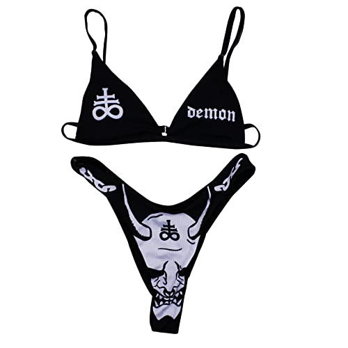 ANKOMINA Women Gothic Skull Letter Printed Two Piece Swimsuit High Cut Triangle Bikini Set for Rave Party Festival Halloween - Large - Black a