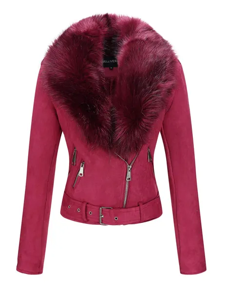 Bellivera Women Faux Suede Leather Jacket Motorcycle Biker Sherpa-Lined Coat with Detachable Fur Collar - Medium Red8830 Suede Short