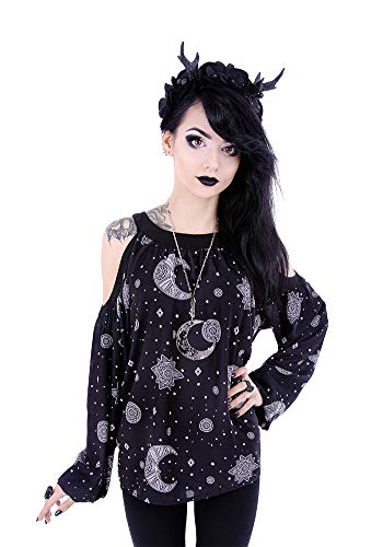 Restyle Moon Hippie Crescent Oversized Cold Shoulders Shirt, Black - Medium - Black