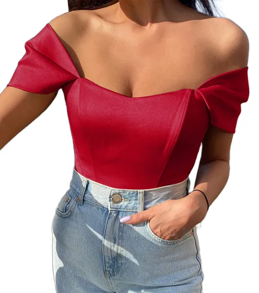 Avanova Women's Sexy Mesh Short Sleeve Patchwork PU Leather Corset Crop Tank Top - Small Red