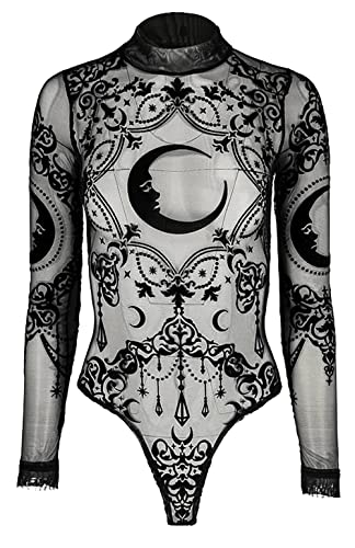 Restyle Crescent Womens Body Gothic Occult Witchy Black Long Sleeve Top Velvet Mesh Bodysuit with Gothic Ornaments - Black - Medium