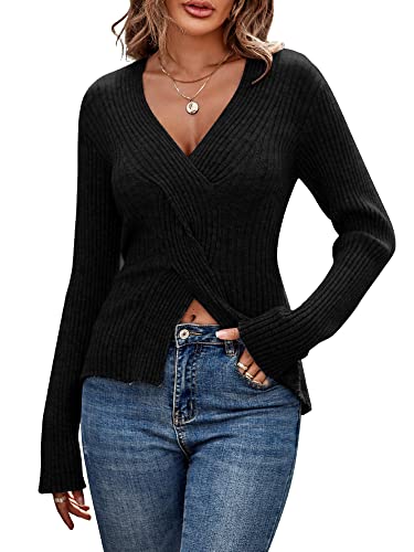 ZAFUL Women's Criss Cross V Neck Sweaters Front Slit Ribbed Knit Pullover Sweater Jumper Tops - Black - Small-Medium