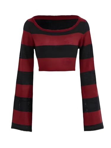 Striped Gothic Cropped Sweater Women Boat Neck Drop Shoulder Pullover Long Sleeve Knitted Crop Top Y2K Streetwear Tops - Small - Black
