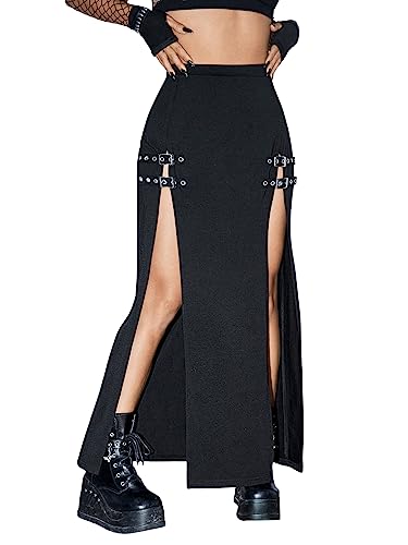 Verdusa Women's Buckle Split Thigh High Waist Clubwear Punk Loose Maxi Skirt - Medium - Black