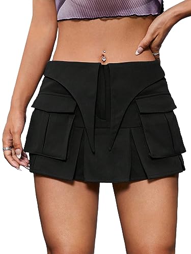 Verdusa Women's Pocket Front Pleated Mini Skirt Casual High Waist A Line Cargo Skirt - Medium - Black