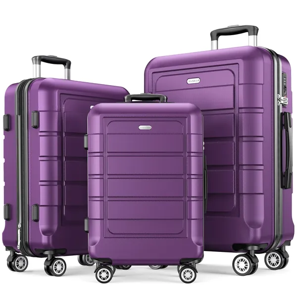 SHOWKOO Luggage Sets Expandable PC+ABS Durable Suitcase sets Double Wheels TSA Lock Purple 3pcs - Purple