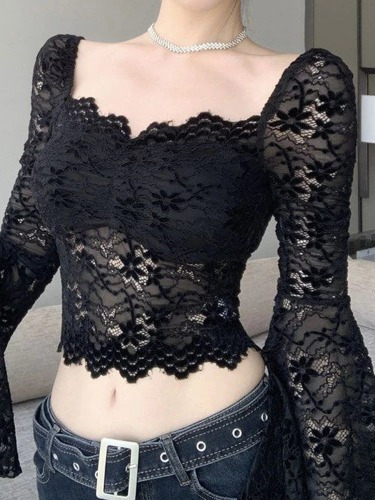 Goth Black Lace Flare Sleeve Crop Top - black / M