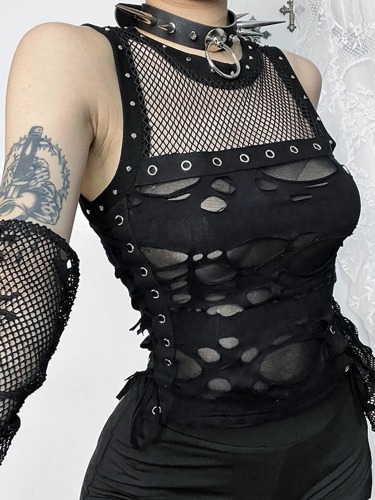 Black Gothic Mesh Vest Lace Up Top - Black / M