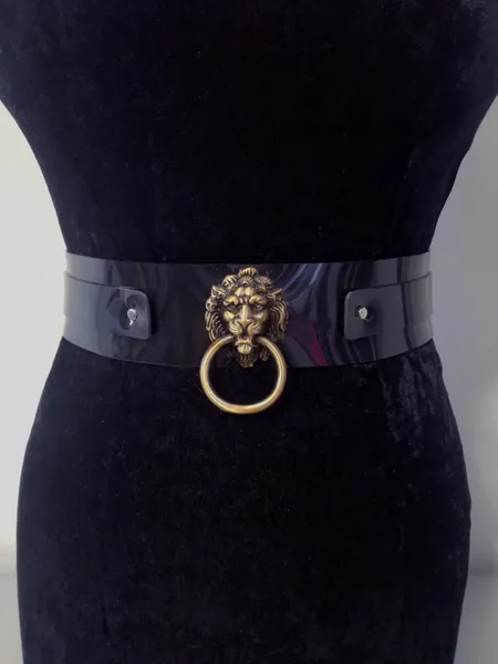 Black Waist Belt, Vinyl Lion Head Waist Belt, Gloss Black PVC Plastic Waist Belt, antique Bronze Lion Head Belt - Handmade