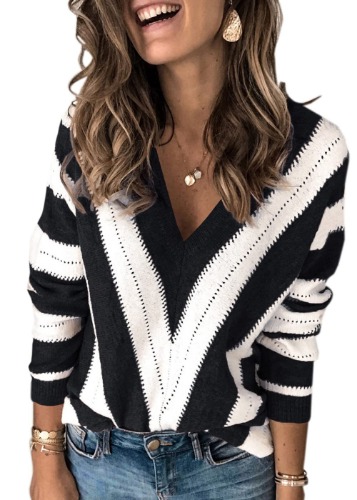 PRETTYGARDEN Women's Fashion Long Sleeve Striped Color Block Knitted Sweater Crew Neck Loose Pullover Jumper Tops - Striped Black Medium