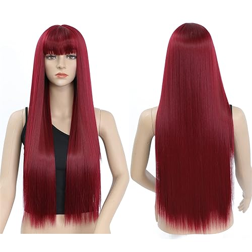 Parrucca lunga diritta rossa con frangia da donna, parrucche lisce in fibra sintetica sintetica da 30 pollici per le donne, long red wig with fringe bangs for Women - 75 cm - Rosso