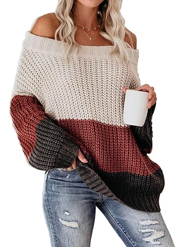 VIMPUNEC Womens Oversized Sweater Color Block Off The Shoulder Pullover Sweaters Cable Knit Chunky Striped Tops - A White - Large