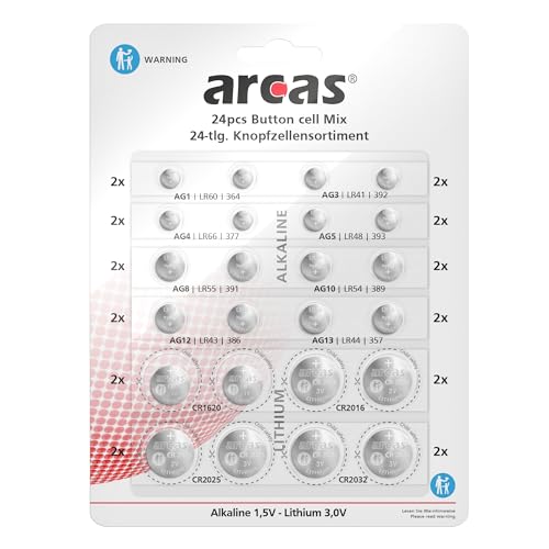 Arcas 12752400 - Alkaline und Lithium Knopfzellen Sortiment, 24 teilig, 16x Alkaline und 8x Lithium, ideal für Uhren, Taschenrechner, Spielzeug und Schlüsselleuchten - Alkaline & Lithium Knopfzellen-Set 24 tlg.