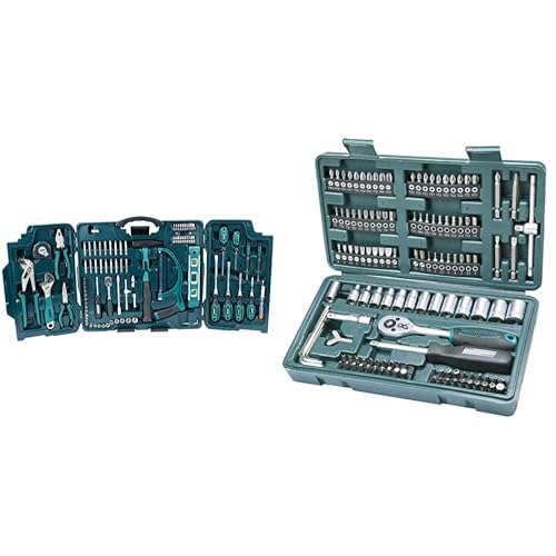 Brüder Mannesmann M29085 Premium Universal und Haushalts-Werkzeugkoffer, Blau, 89-tlg & M29166 130-tlg. Steckschlüssel- und Bitsatz - Bundle mit Steckschlüssel