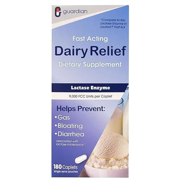 Guardian Dairy Relief Fast Acting Lactase, 180 Caplets, 9000 FCC Maximum Strength, Lactose Intolerance Pills, Lactase Enzyme (180 CT) - 180 Count (Pack of 1)