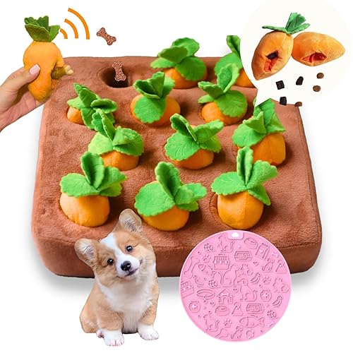 CECE PAW Dog Enrichment Puzzle, Interactive Squeaky Carrot Farm Snuffle Mat for Mental Stimulation and Puppy Brain Training, Small, Medium and Large Dogs (Upgraded Carrots with Treat Pockets) - Carrot Puzzle + Lick Mat