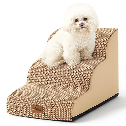 COZY KISS Dog Stairs for Small Dogs, Curved Pet Step with Leakproof Cover, High Density Foam Cat Ramp for Bed or Sofa, Lightweight, Durable, Comfort, 15.7x22.4x15.7 inch, 3 Tiers, Light Brown - Light Brown - 3 - 15.7x22.4x15.7in