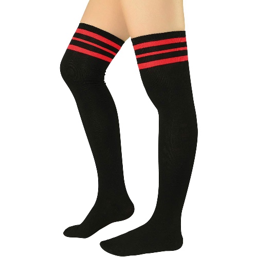 Zando Womens Stripes Thin Tube Socks Thigh High Tights Over Knee Socks Casual Knee High Stockings Striped Thigh Highs - One Size H 1 Pair Black Red
