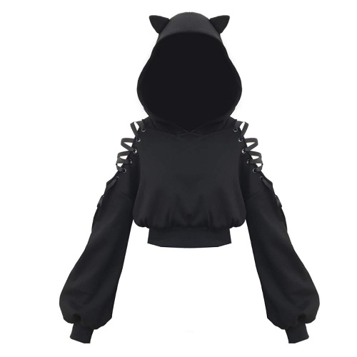 Women Hoodies Long Sleeve Cute Ear Cat Off Shoulder Crop Top Pullover Sweatshirt - Large Black