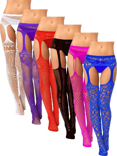 6 Pairs Women Fishnet Thigh-High Stockings Tights Suspender Pantyhose Stockings for Women Girls - Black, White, Rose Red, Purple, Red, Dark Blue 3X-Large-4X-Large
