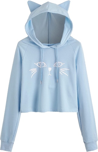 SweatyRocks Women's Long Sleeve Hoodie Crop Top Cat Print Sweatshirt - X-Large Blue