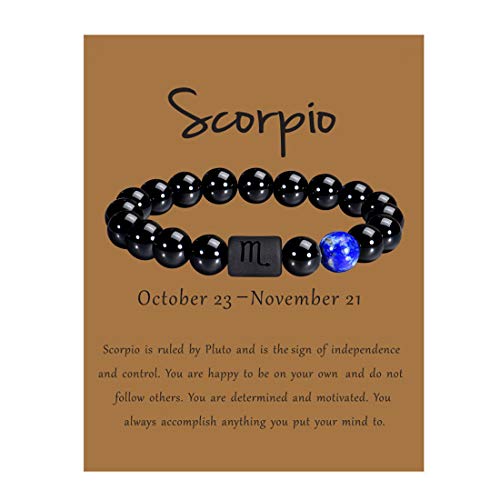 VLINRAS Zodiac Bracelet for Men Women, 8mm 10mm Natural Black Onyx Stone Star Sign Constellation Horoscope Bracelet Gifts - scorpio men 10mm beads-(braided style fit all wrist）